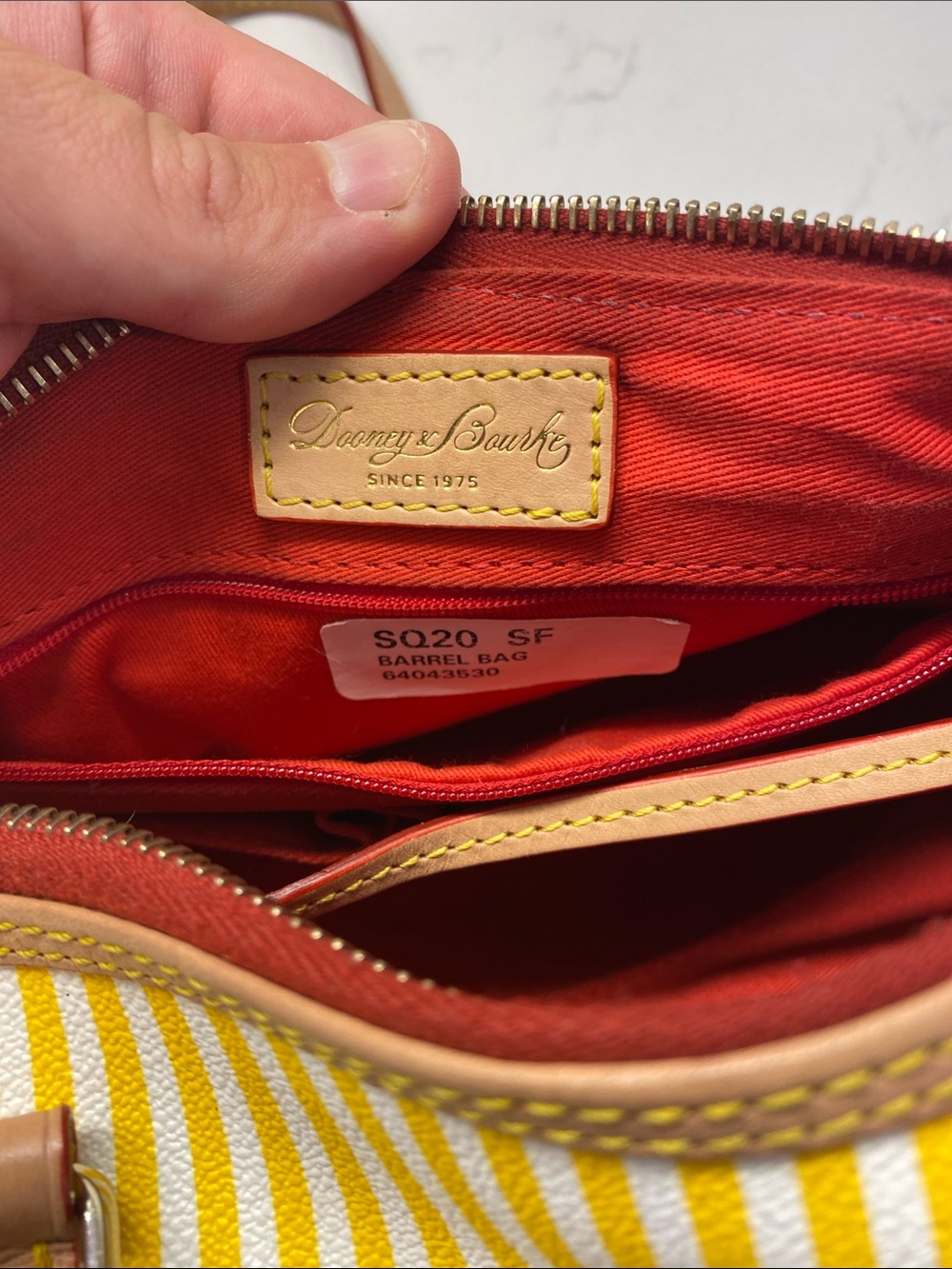 Dooney & Bourke Yellow & White Striped Barrel Shoulder Bag Tan Trim EUC ✨ - Picture 6 of 12